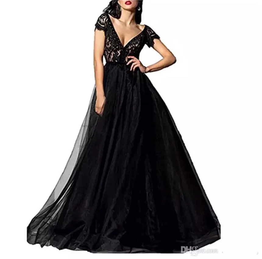セクシーなVネックウエディングドレス2020グラマラスブラックレーストップ半袖フォーマルイブニングドレス熱い販売プロムパーティーガウンカスタムメイド