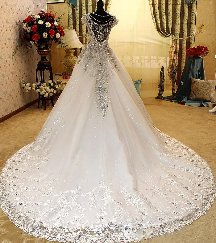 Bling Bling schwere Perlen Brautkleider 2018-2019 Kristalle Perlen A-Linie Brautkleider Spitze Sweep Zug Hochzeit Vestidos nach Maß