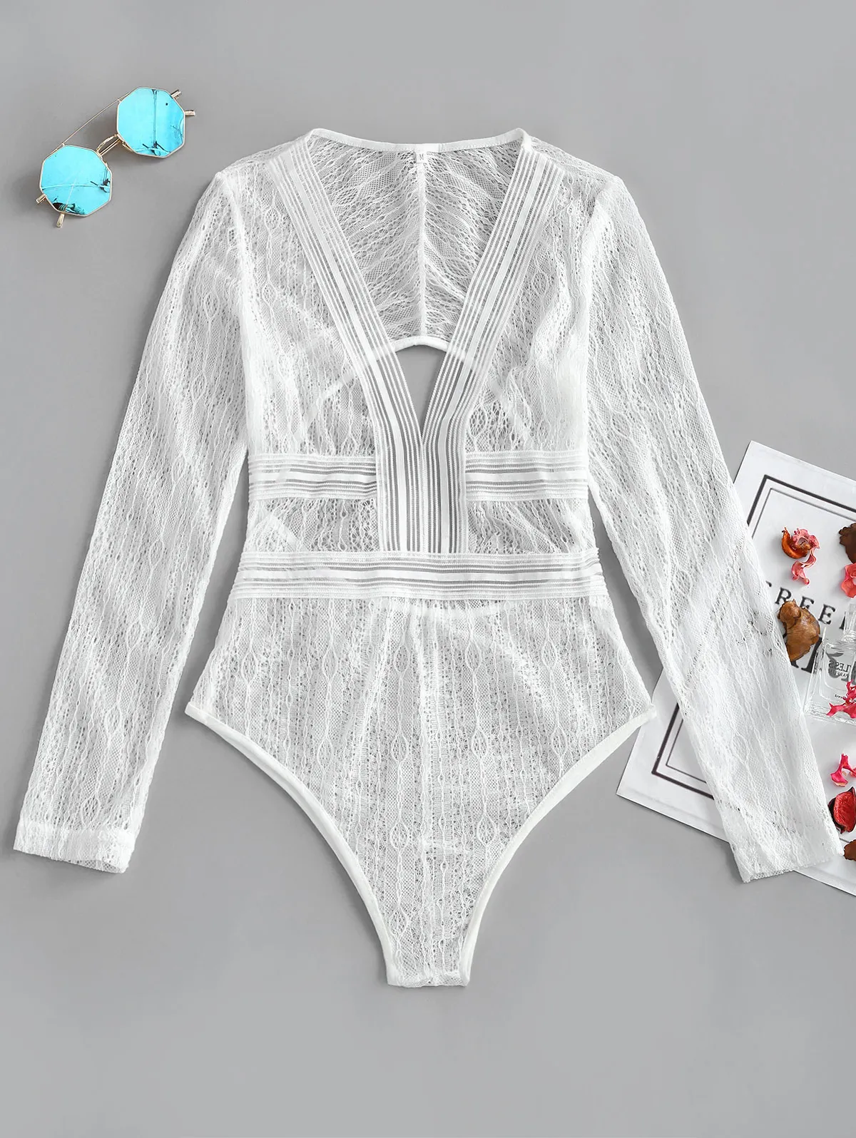 20187 AZULINA Sexy Cut Out Plunge Sheer Long Sleeve Bodysuit See-Thru Lace Women Rompers Summer Fall Solid Jumpsuits Ladies Overalls