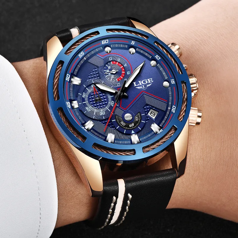 LIGE Mode Leder Sport Quarz Mann Uhren Chronograph Handgelenk Uhren Männer Armee Stil Uhr Männlich Relogio Masculino + Box