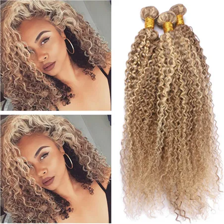 Kinky Curly Virgem Indiano Cabelo Humano Piano Mix Cor Tecer Pacotes # 27/613 Destaque Mixed Piano Cor Extensões de Cabelo Humano 4 Pcs Lot