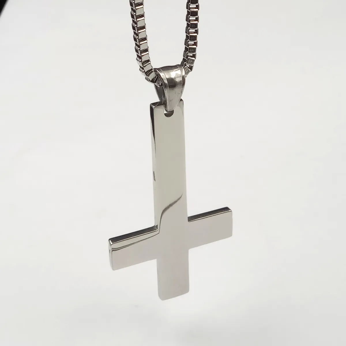 Fashion Mens Gifts Silver Cross of St. Peter Upside Down Cross Pendant Stainless Steel Catholic Necklace Box chain 18-32''