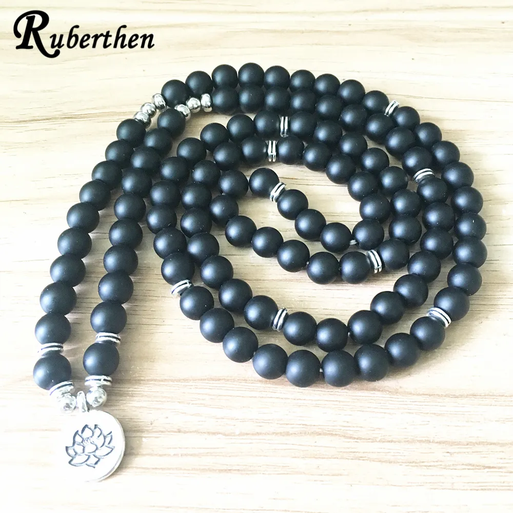 SN1382 Nuevo diseño, pulsera o collar de cuentas Mala de ónix negro mate 108 para mujer, pulsera o collar de Yoga con dije de loto 316f