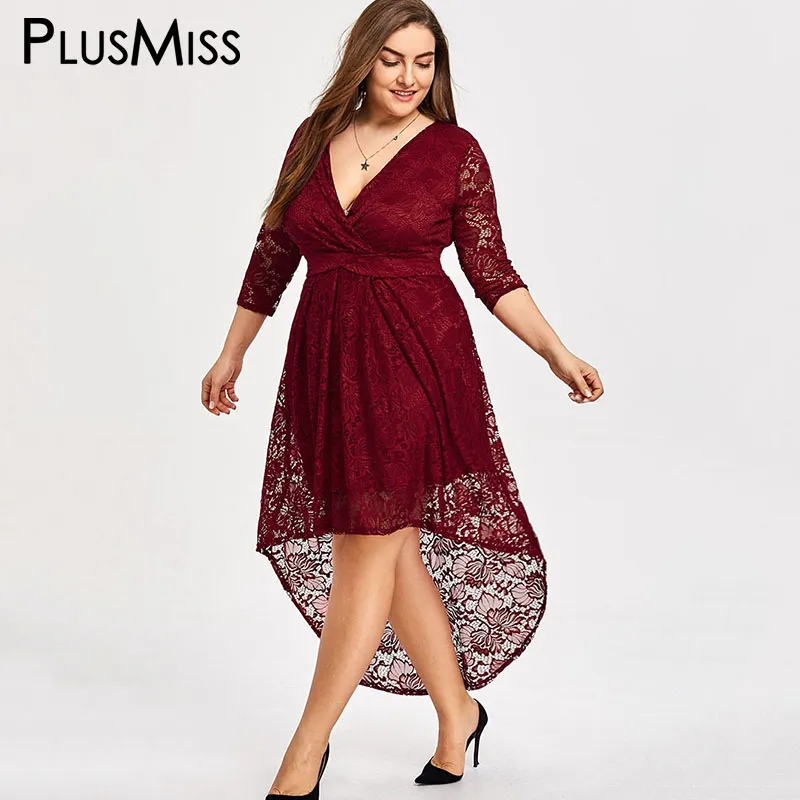 Plusmiss Artı Boyutu 5XL Yüksek Düşük Vintage Dantel Tığ Elbise Kadınlar Büyük Boy Seksi V Boyun Maxi Uzun Akşam Parti Elbiseler Robe Femme