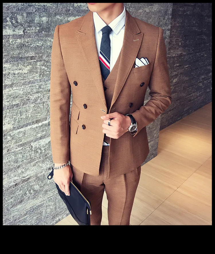 Män passar blazer khaki dubbel breasted senaste design affärsmode bröllop kostym skräddarsydda tuxedo terno masculi 3 stycken jacka + byxor + väst