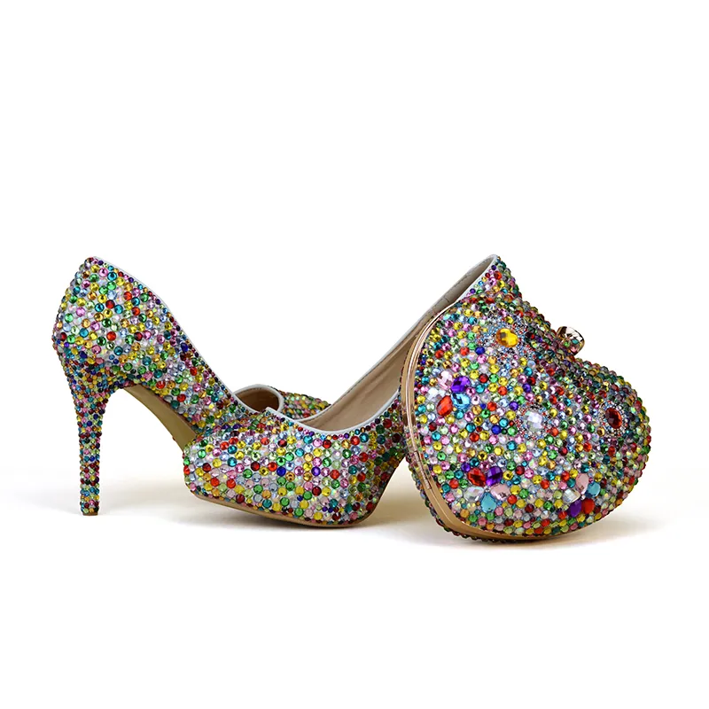 Zapatos de fiesta de tacón alto de colores mezclados con diamantes de imitación pequeños con bolso en forma de corazón, zapatos de novia para boda, zapatos de ceremonia para adultos con bolso de mano
