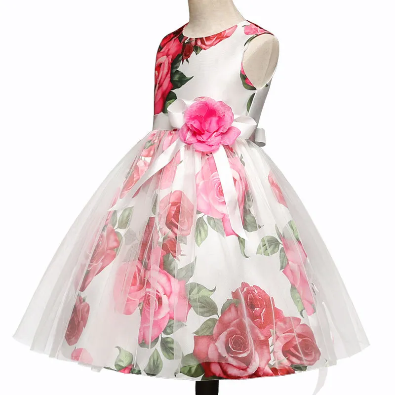 2018 NOUVELLE arrivée Filles d'été rose imprimé gaze bouffée robe de princesse causale fille été élégante robe décontractée sans manches 8167587