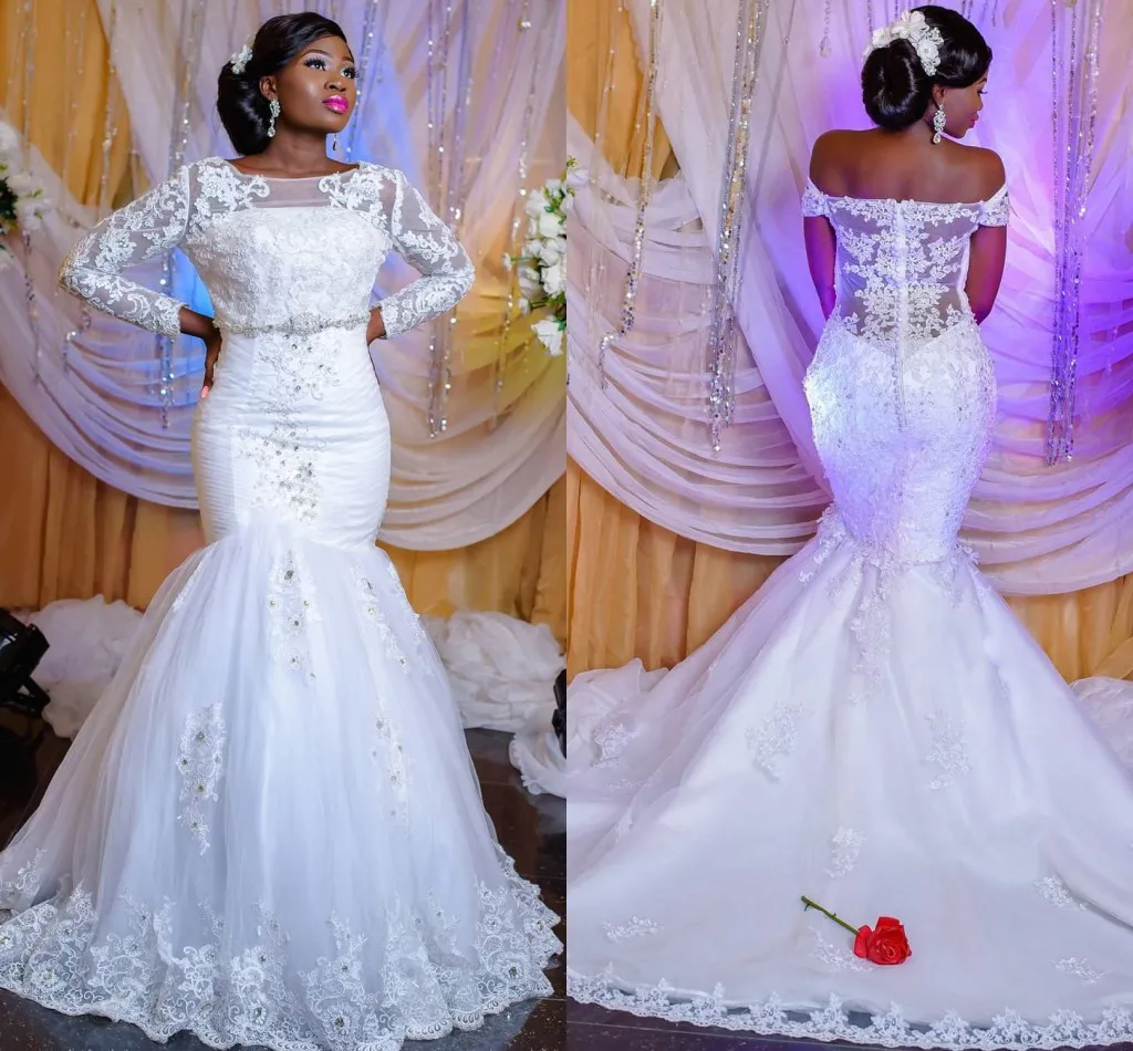 Stunning Nigerian Lace mermaid wedding dress with Applique, Long Sleeves, Off-Shoulder Design, Beaded Sequins, and Floor-Length Hemline - Perfect for