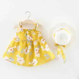 Summer new small girls beach skirt baby clothes children's floral skirts female baby strap dress with hat