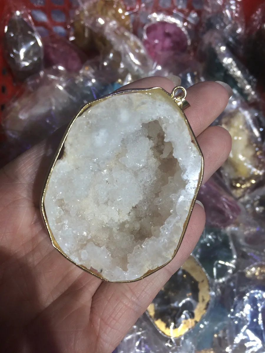 1 peça crua druza azul agate cluster geode fatia pingente de prata colar de cristal branco natural para categações de cura