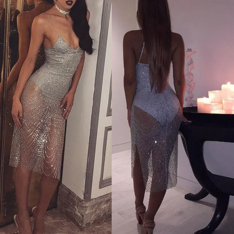 Women Women Sexy Night Club Rhinestone Dress Women V Neck Mesh Veja embora Mini vestido sem mangas