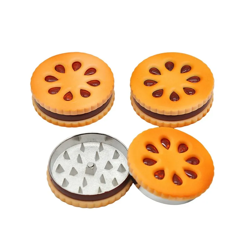 비스킷 쿠키 모양 허브 담배 연삭기 자석 2 층 57mm 노란색 금속 아연 합금 이빨 분쇄기 밀가루 밀 무료 배송