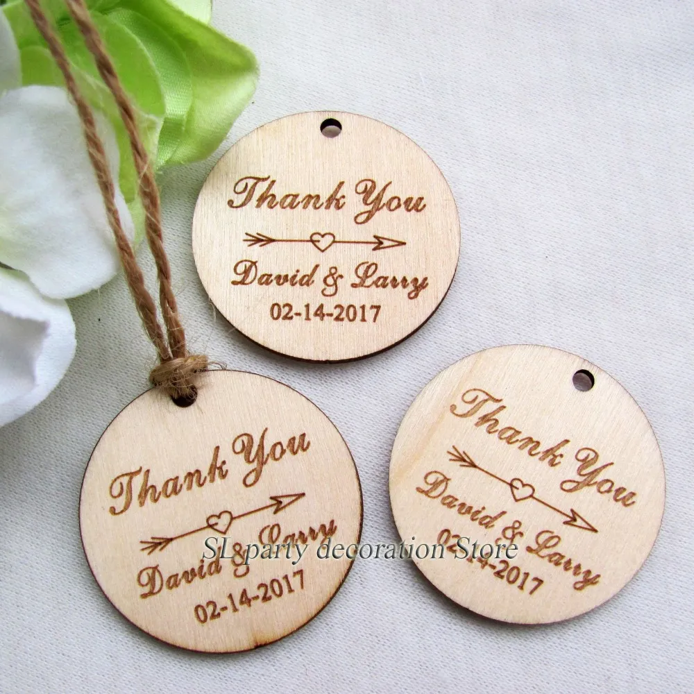 100pc Tags de casamento personalizadas gravadas "obrigado" redondos de madeira de madeira