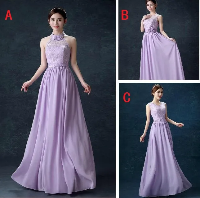 Leylak Dantel Nedime Elbiseler 3 Stilleri Jewel Boyun Şifon Düğün Konuk Elbise Kat Uzunluk Ucuz Hizmetçi Onur Törenlerinde