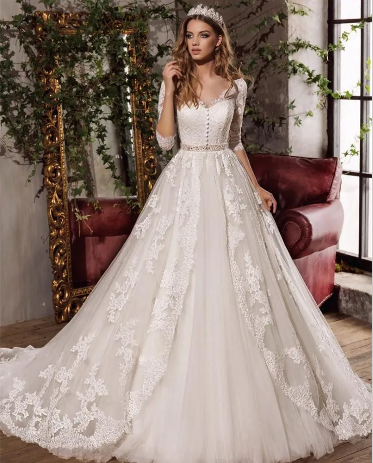Save Big on Bulk Tulle Train Wedding Dress Elegant A Line Bridal Dress  Tulle, V Neck Bridal Gowns With Half Sleeves, Hollow Back, Bow Sash,  Appliques,