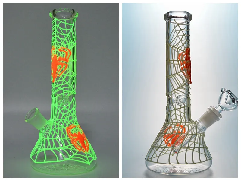 Grow In The Dark Beaker SpiderWeb Bong Dab Rigs Glasbongs mit geradem Rohr und 18,8-mm-Verbindung, diffuses Downstem-Rauchglas-Wasserpfeifen GID02