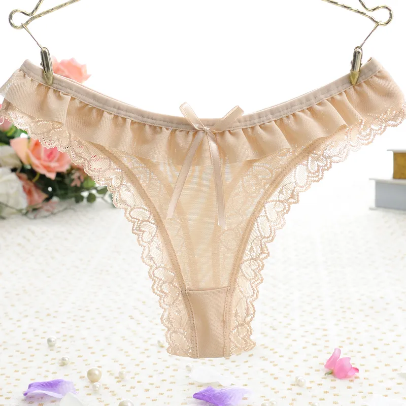 Wholesale Women's Underwear G-String Panties Sexy Mesh Thong Briefs Kvinna Transparent Intim Härlig Ruffles Panty Drop Shipping 1504