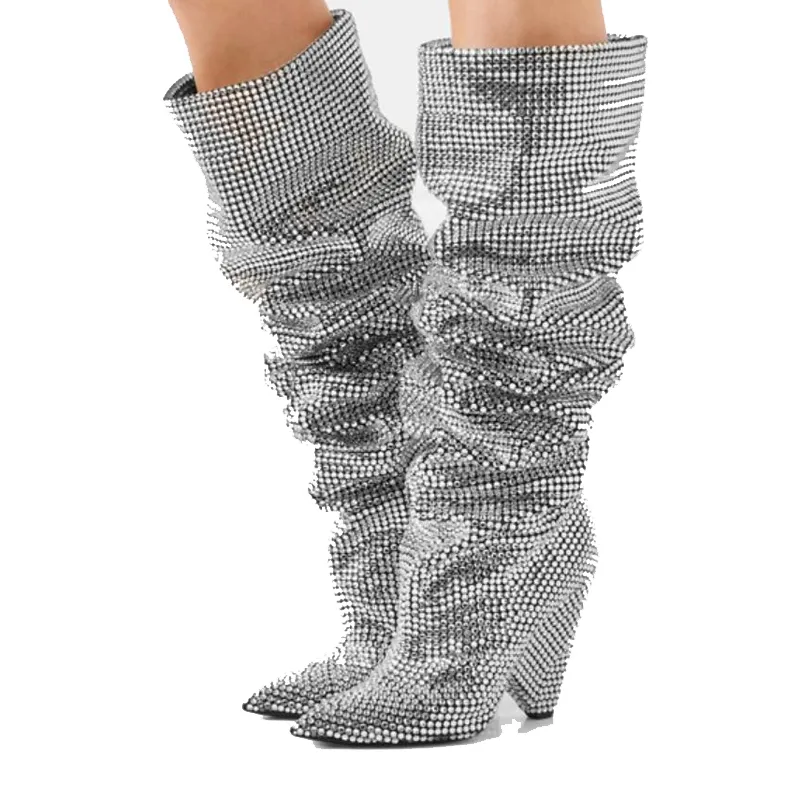 Silver Crystal Bling Bling Knee High Boots Woman Pointy Toe Full ...