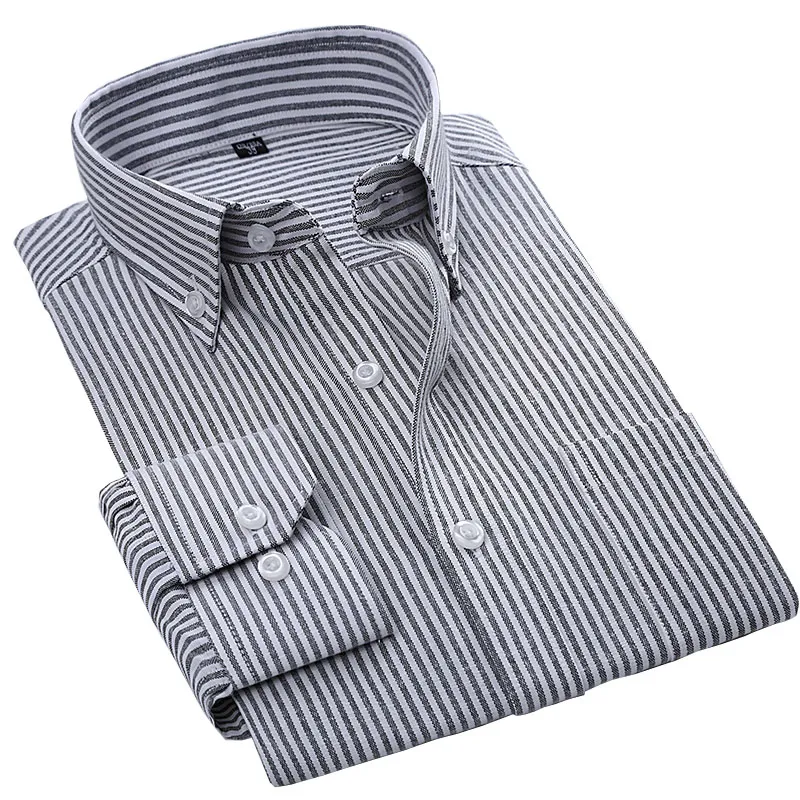 2018 Högkvalitativ lättvård Oxford Solid Striped Långärmad Knapp Town Collar Slim Fit Classical Business Men's Dress Shirts