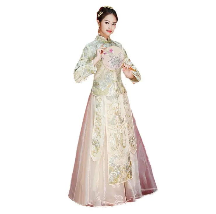 Vintage Chinese Style Beige Xiu He Toast Dress with Carps - Elegant Wedding & Evening for Asian Women