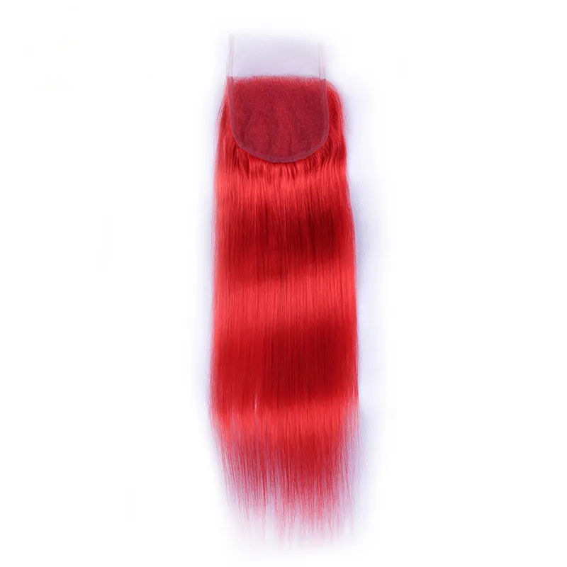 Brasilianska Virgin Röd Human Hårbuntar 3st med Clousre Silky Rak Ren Röd Färg 4x4 Lace Front Clousre Med Vävar Väftförlängningar