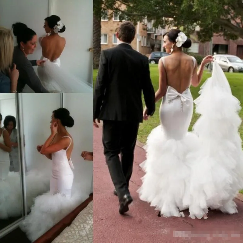 Sexy Backless Mermaid Wedding Dresses Straps Satin Tiered Skirt Beaded Bow Chapel Train Wedding Bridal Gown Custom Made