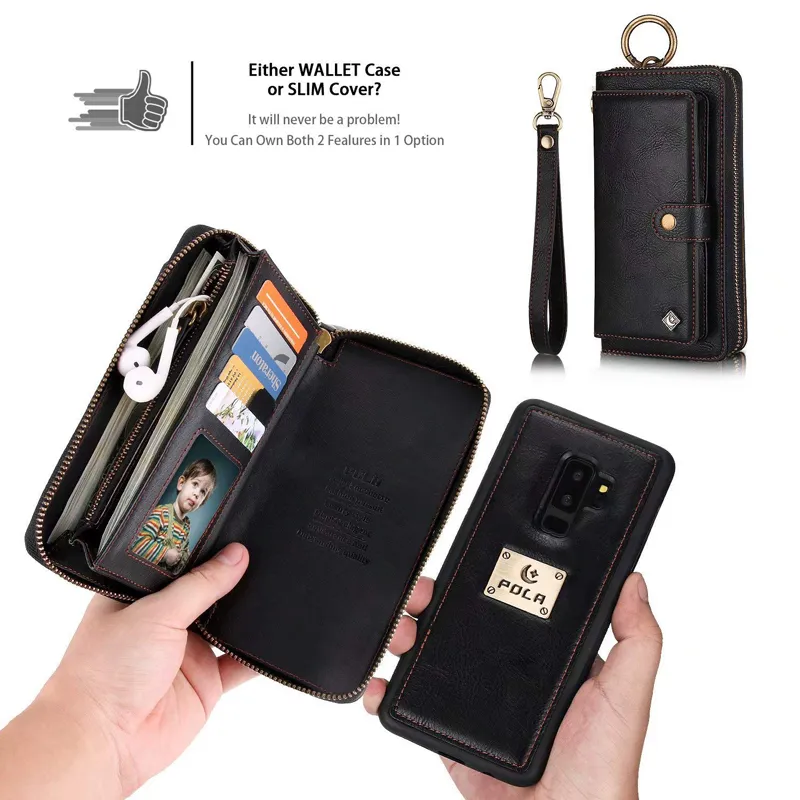 Wallet Case Zipper Purse Avtagbar Magnetic 14 Kort Slots Money Pocket Clutch Läder Plånbok Väska till iPhone XS plus Not 9 Gratis frakt