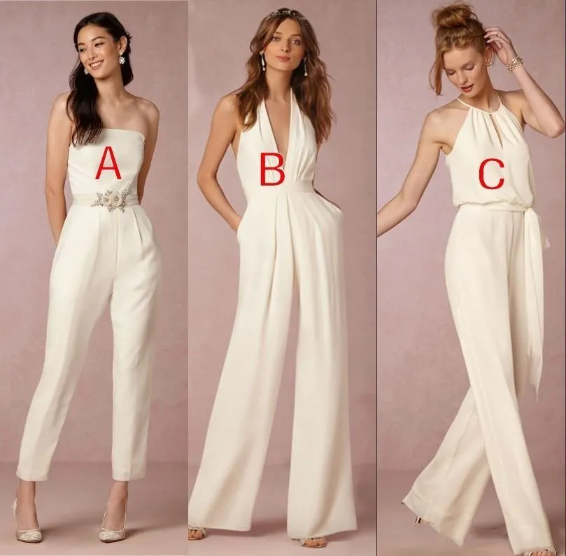 Jumpsuit bruidsmeisje jurken voor bruiloft gasten jurken 2018 halter v-hals strapless prom jurken lange avond feestjes broek pant op maat gemaakt