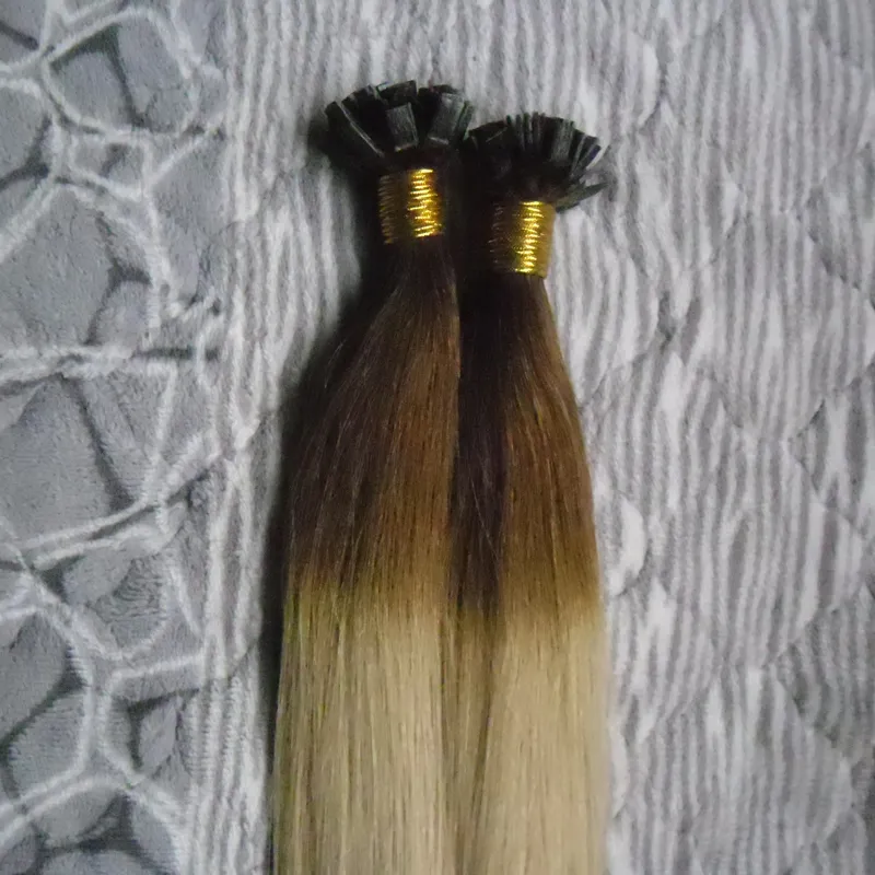 100 % Echthaar Ombre T1B/613 Blonde Keratin-Stick-Haarverlängerung, 100 g, gerade, flache Spitze, vorgebundene Fusion-Haarverlängerungskapseln, 25,4–66 cm