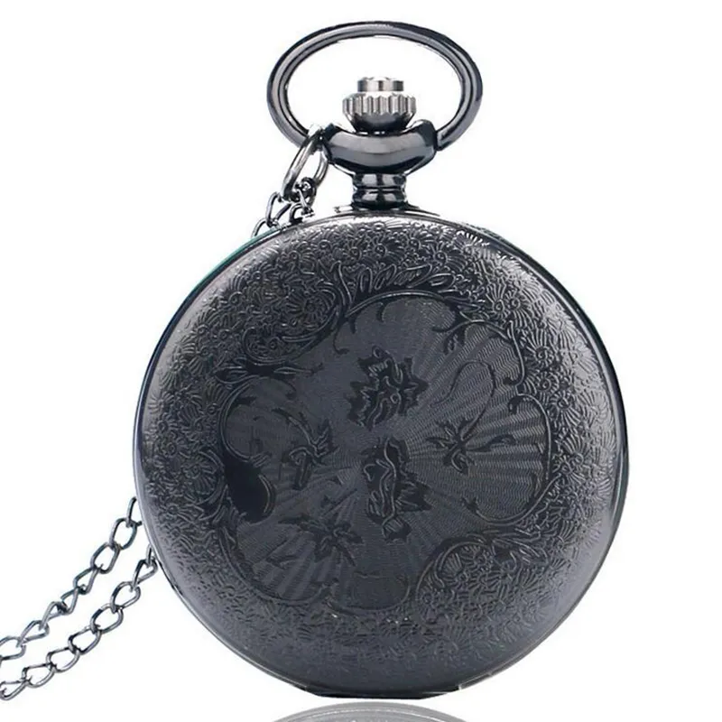 Vintage Charm negro Unisex moda número romano cuarzo Steampunk reloj de bolsillo mujer hombre COLLAR COLGANTE con cadena Gifts218K