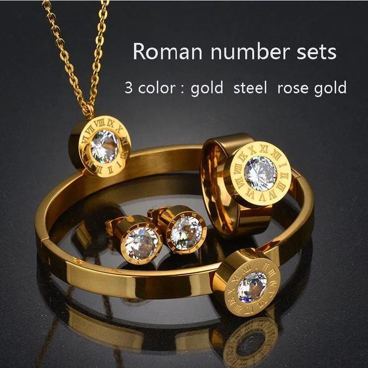 Acier inoxydable Dubai CZ bague Bracelet boucles d'oreilles collier ensemble couleur or Rose CZ pierre ensemble de bijoux pour les femmes