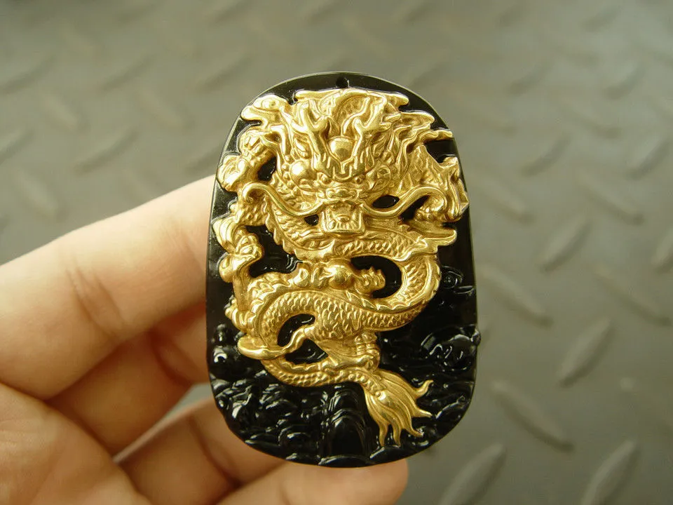 Pendente in oro giallo 18 carati con ossidiana naturale pendente in giada nera drago cinese A36