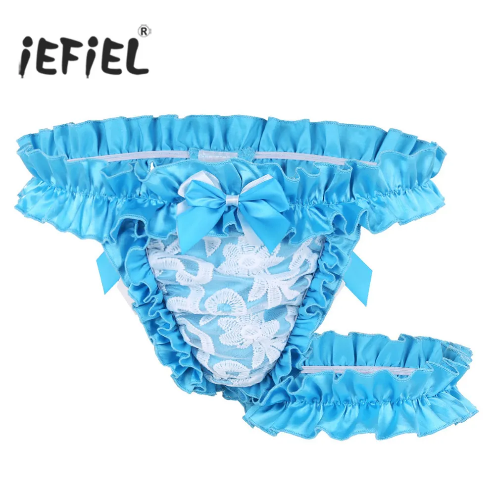 2018 Mens Lingerie Lace Frilly Satin Ruffled High Cut Sissy Gay Mutandine maschili Mutandine G-String Underwear con coscia reggicalze