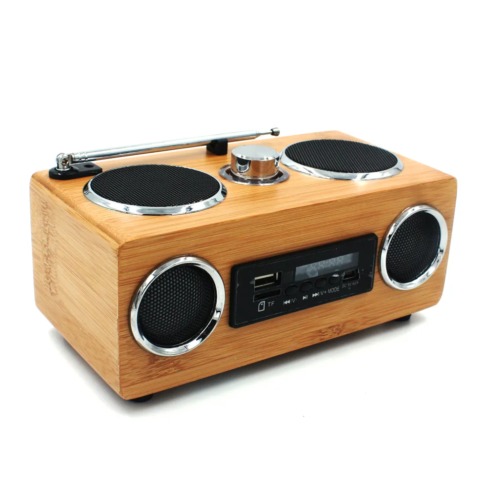 Factory Wholesale Handmade Bamboo Radio Speaker Hot Portable Hi-Fi Wood Speaker wooden TF/USB Card Subwoofer FM Radio with Remote MP3 player