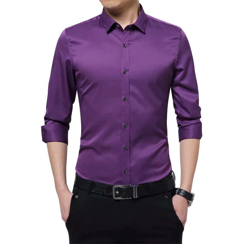 Nueva camisa Formal sedosa para hombre, camisa de vestir ajustada de negocios clásica, ropa de cuello bordado de Color sólido de manga larga