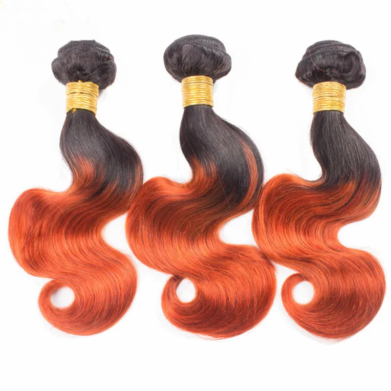 Оранжевый Ombre пучки человеческих волос с закрытием кружева T1b 350 европейских девственных волос 3Bundles и верхней закрытия два тона тела волна двойной уток