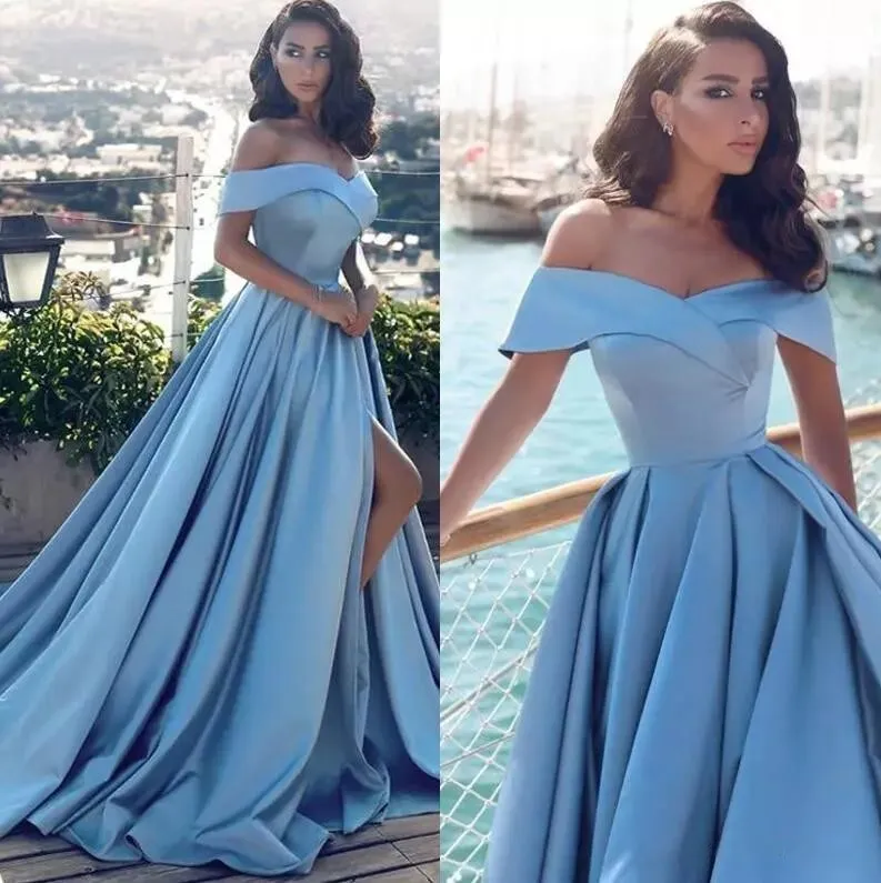 Princess Off Shoulder Prom Dresses 2019 Patroon Big A Line Rok Side Split Sky Blue Bourgondië Satijn Formele Jurken Avondfeest