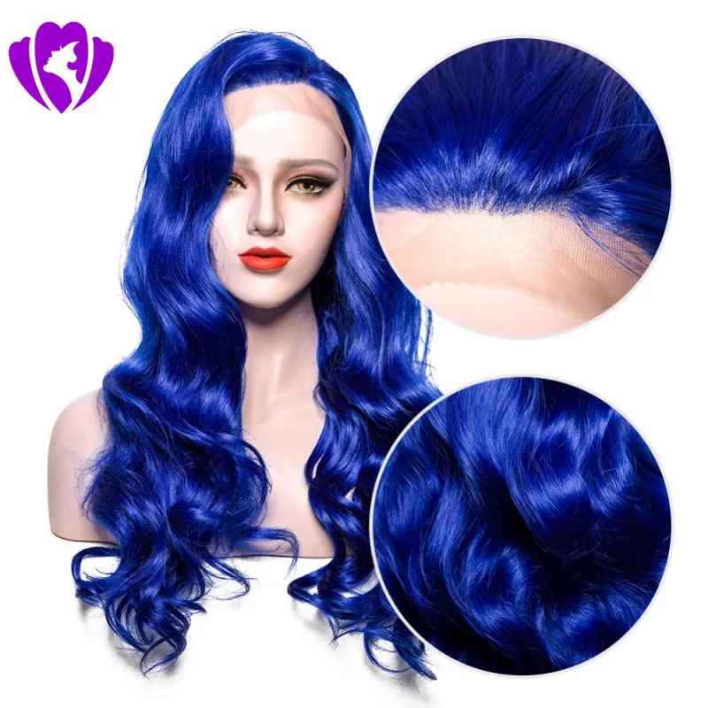 Synthetic Lace Front Wigs Long Body Wave Wig, Light Blue 