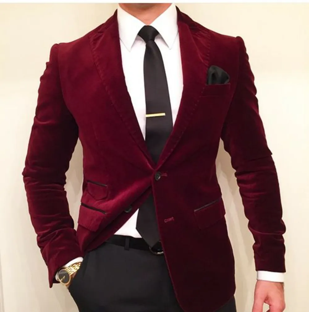 Anpassade män passar Burgundy sammet bröllop kostymer för män 2 Piece Blazer Costume Groom Prom Skräddarsydd Tuxedo Slim Fit Terno (Jacka + Byxor)