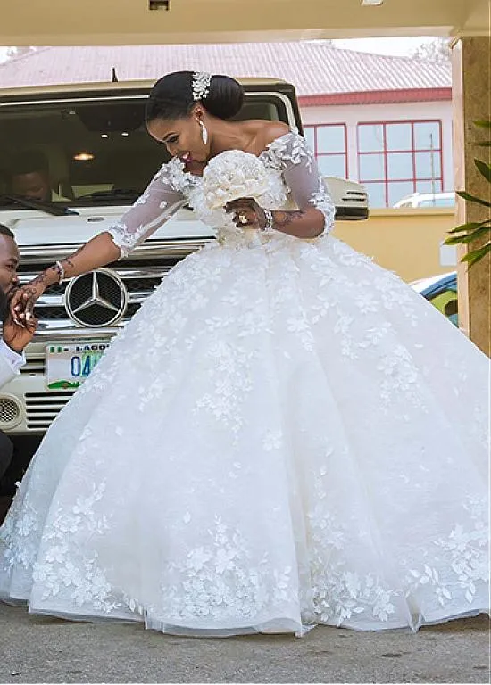 2018 African Plus Size Wedding Dresses 3D Floral Applique Beaded Off Shoulder Ball Gown Wedding Dress 3/4 Long Sleeve Country Bridal Gown