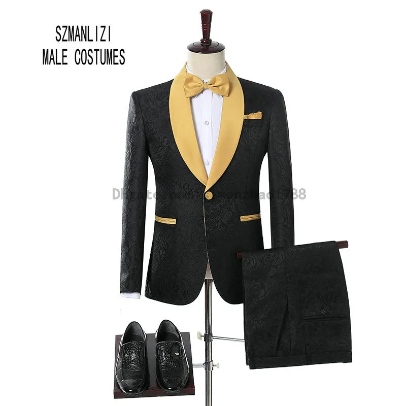 2018 Brand Groom Tuxedos Groomsmen One Button Black Flower Gold Shawl Lapel Custom Made Formal Groom Nosić mężczyźni ślub Smokciany garnitury ślubne