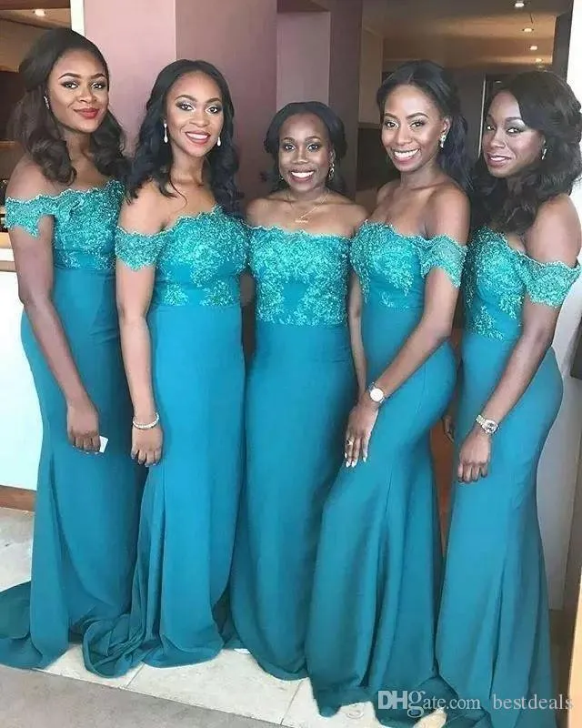 Sexy Teal New Blue Mermaid Bridesmaid Off Shoulder Lace Applique Sweep Train African Cheap Wedding Guest Maid of Honor Dresses