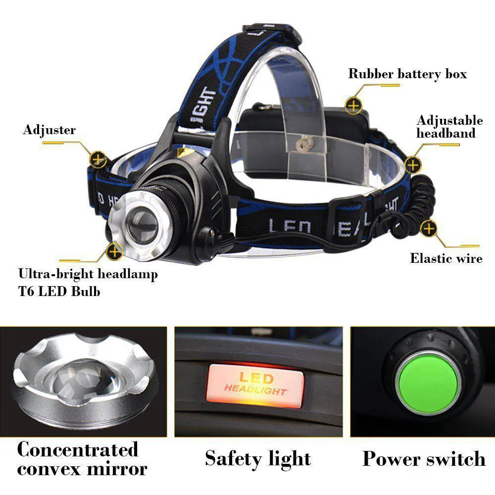 مصابيح الأمامية LED قابلة لإعادة الشحن XMLT6 5000LLUMENS ZOOM HEAD LAMP TORCH 18650 بطارية المصباح الأمامي المصباح Lantern4281560