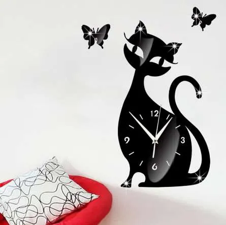 Moderne nouvelle mode vente chaude expédition rapide mignon chat papillon miroir noir horloge murale Design moderne décor à la maison montre mur 422