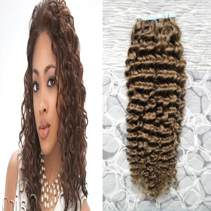 #6 Medium Brown afro kinky curly Tape Hair Extensions 100g 40pcs/Set mongolian kinky curly Skin Weft Human Hair Machine Made Remy