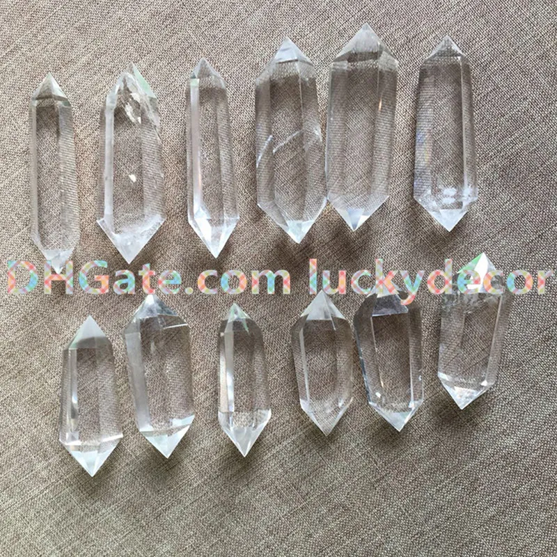 Polished Clear Quartz Crystal Point Prism Wand Double Terminated Natural White Rock Crystal Quartz Mineral Healing Meditation Stone Wand
