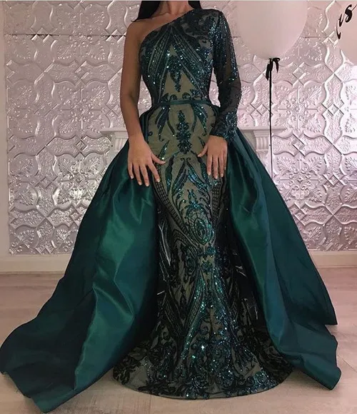 Mermaid Luxury Green Evening Dresses 2018 One Shoulder Zuhair Murad Dresses Mermaid Sequined Prom Gown With Detachable Train Custom Made