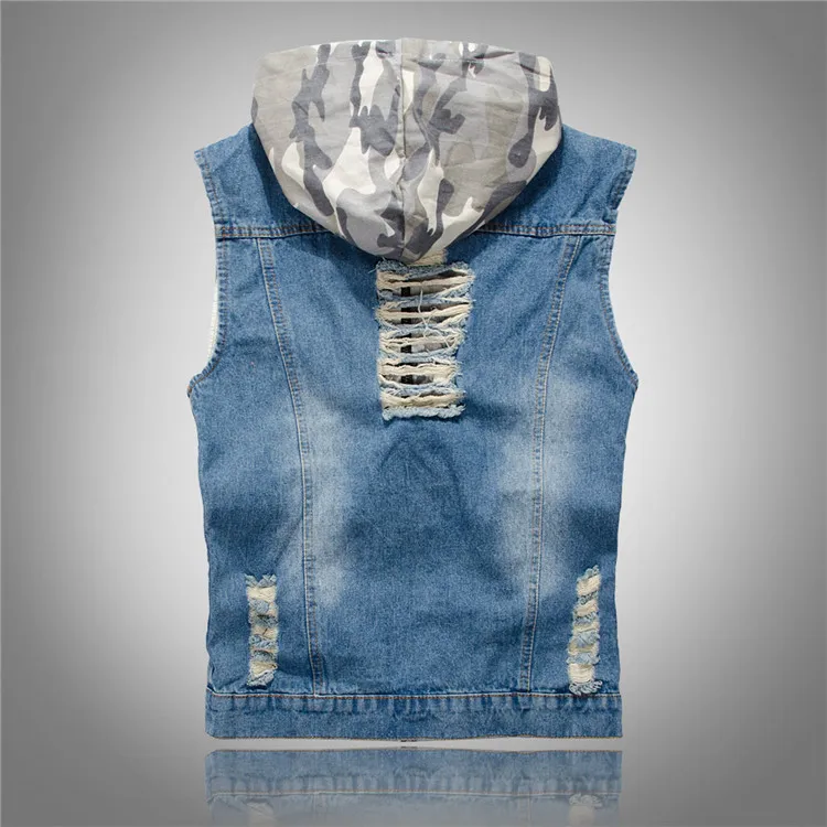 Mens Denim Colete Casacos Com Capuz Furos Sem Mangas Rasgado Colete Com Zíper Primavera Casacos de Verão Outono 2018 New Fahsion