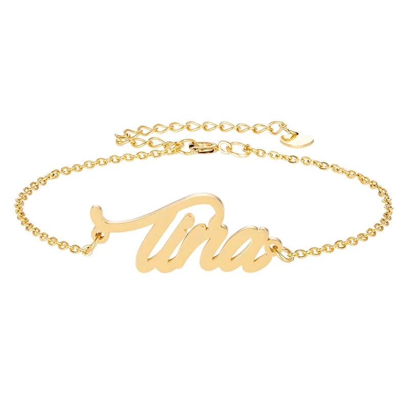 Chapado en oro de acero inoxidable grabado nombre de la escritura "Tina" pulseras con dijes para mujeres pulsera personalizada encanto enlace regalo de Navidad