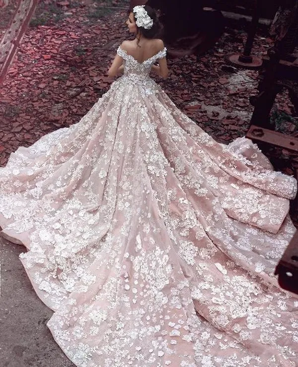 luxury ball gown off shoulder wedding dresses 2020 pattern ivory lace with pretty 3D-floral applique blushing underneath dubai bridal gowns